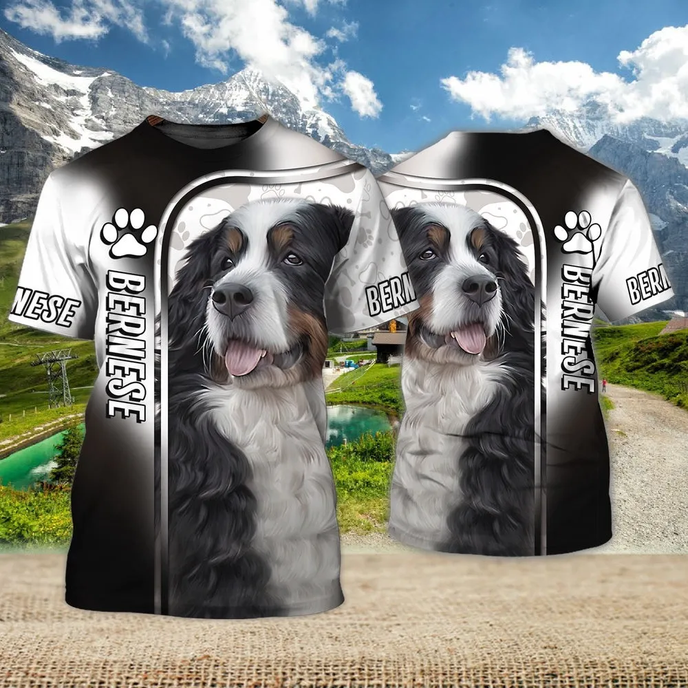 3D Dog T Shirts, Bernese Mountain Black And White Crown All Over Print T-Shirt, Gift For Pet Loves