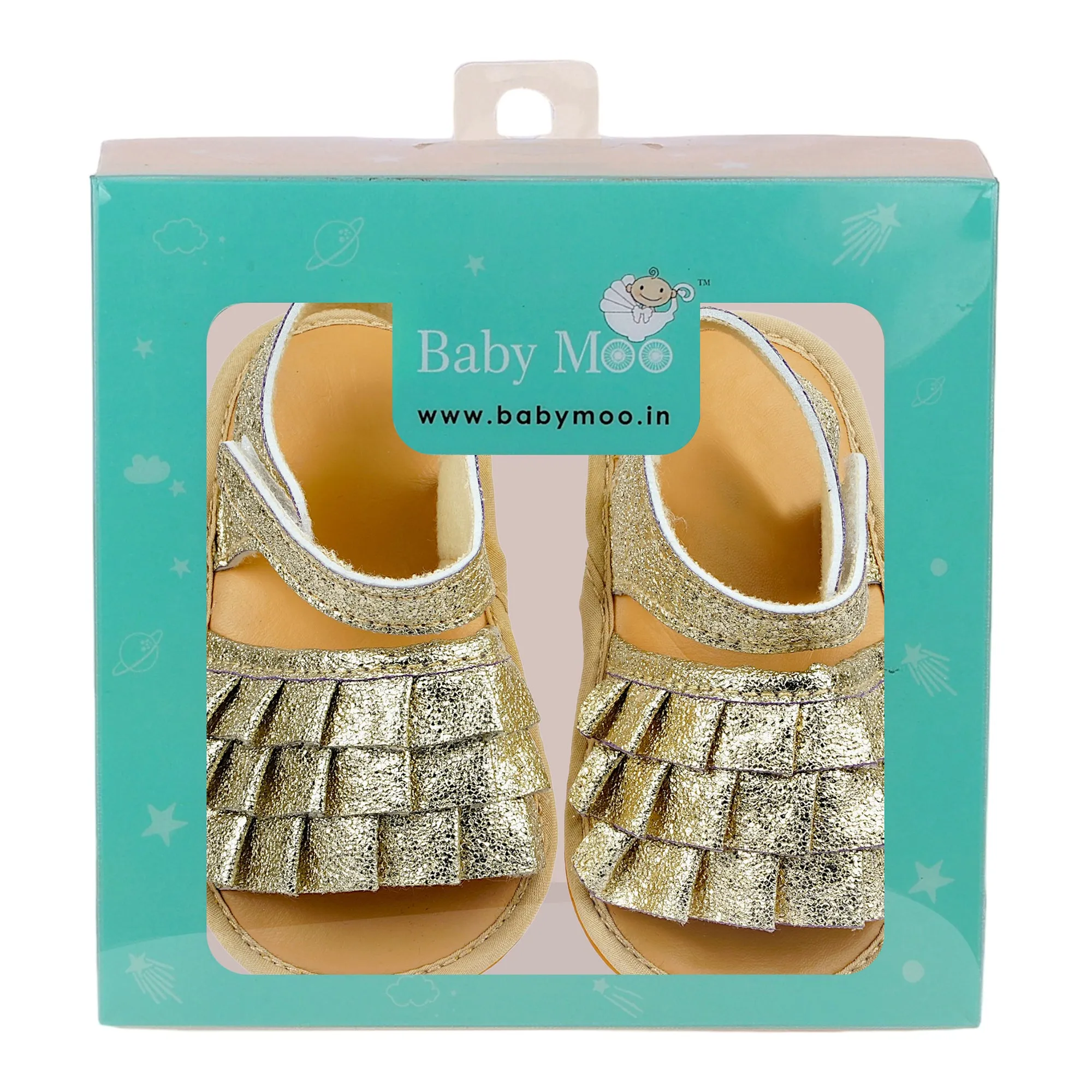 Baby Moo Frilly Glitter Partywear Velcro Straps Anti-Skid Sandals - Gold