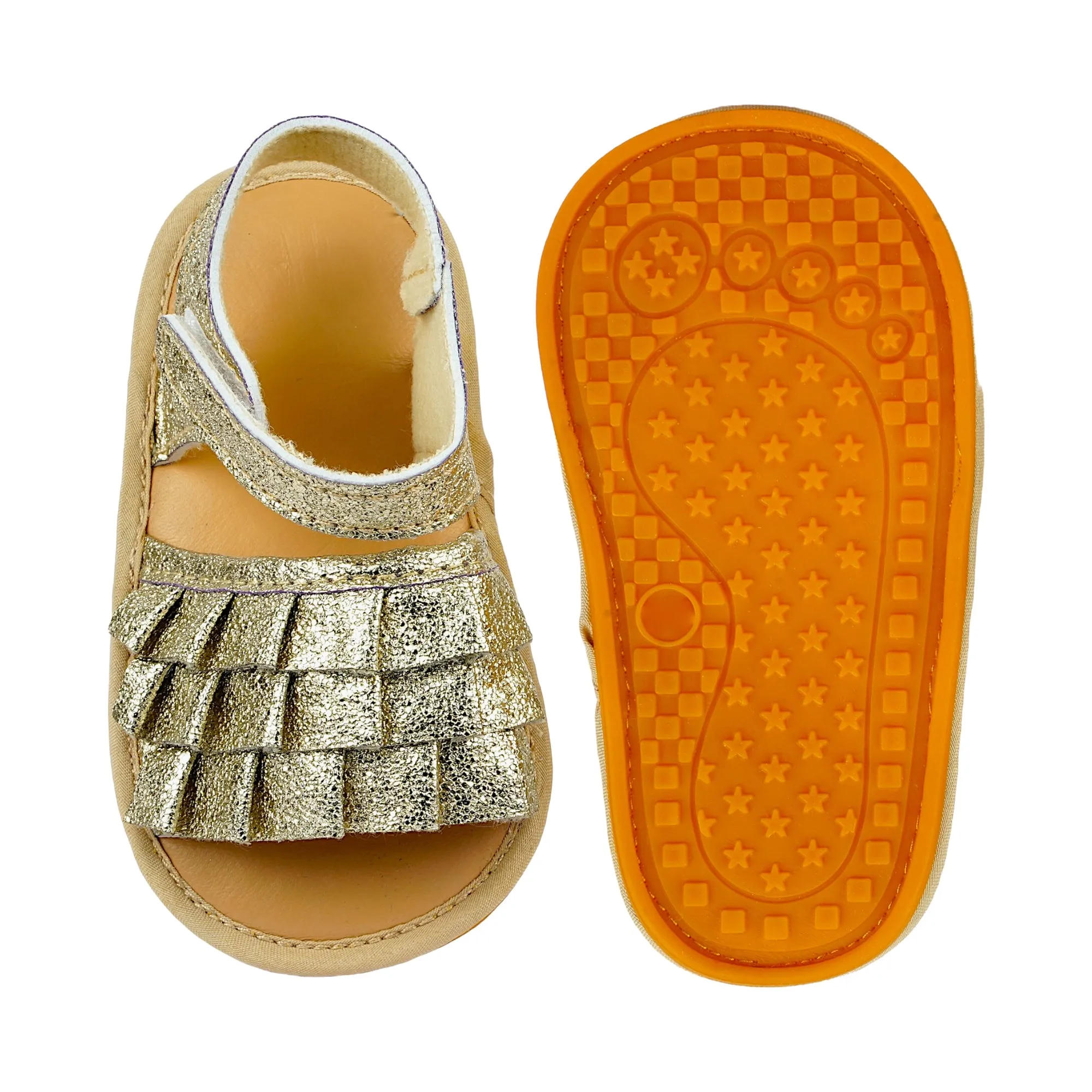 Baby Moo Frilly Glitter Partywear Velcro Straps Anti-Skid Sandals - Gold