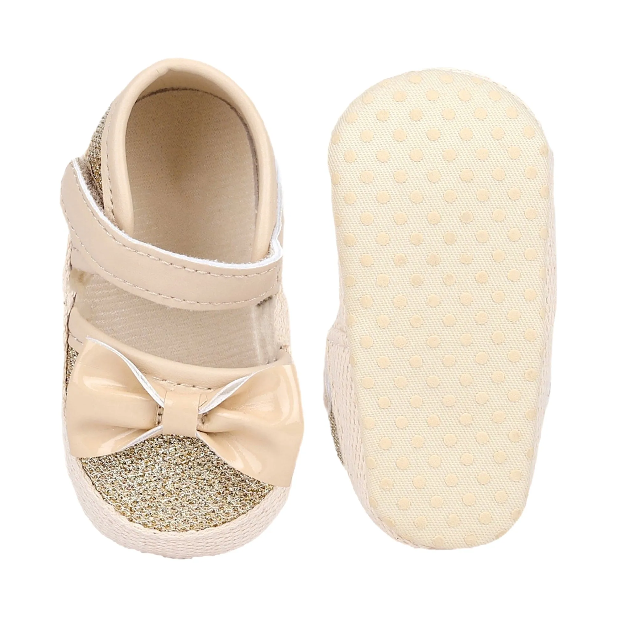 Baby Moo Glittery Partywear Bow Velcro Strap Anti-Skid Sandals - Beige
