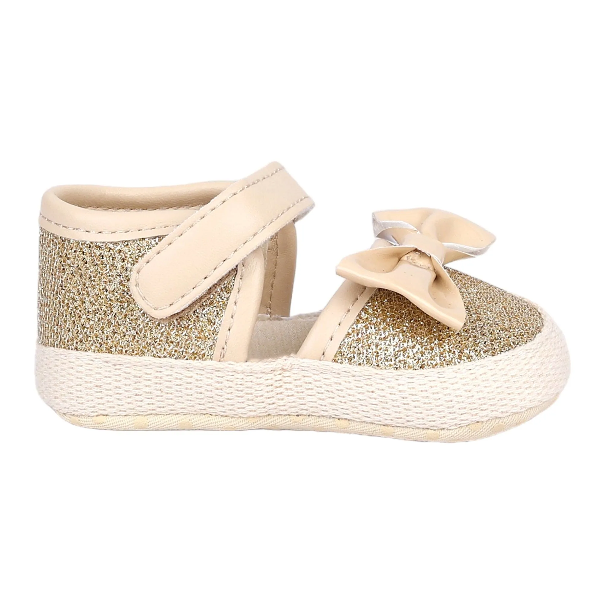 Baby Moo Glittery Partywear Bow Velcro Strap Anti-Skid Sandals - Beige
