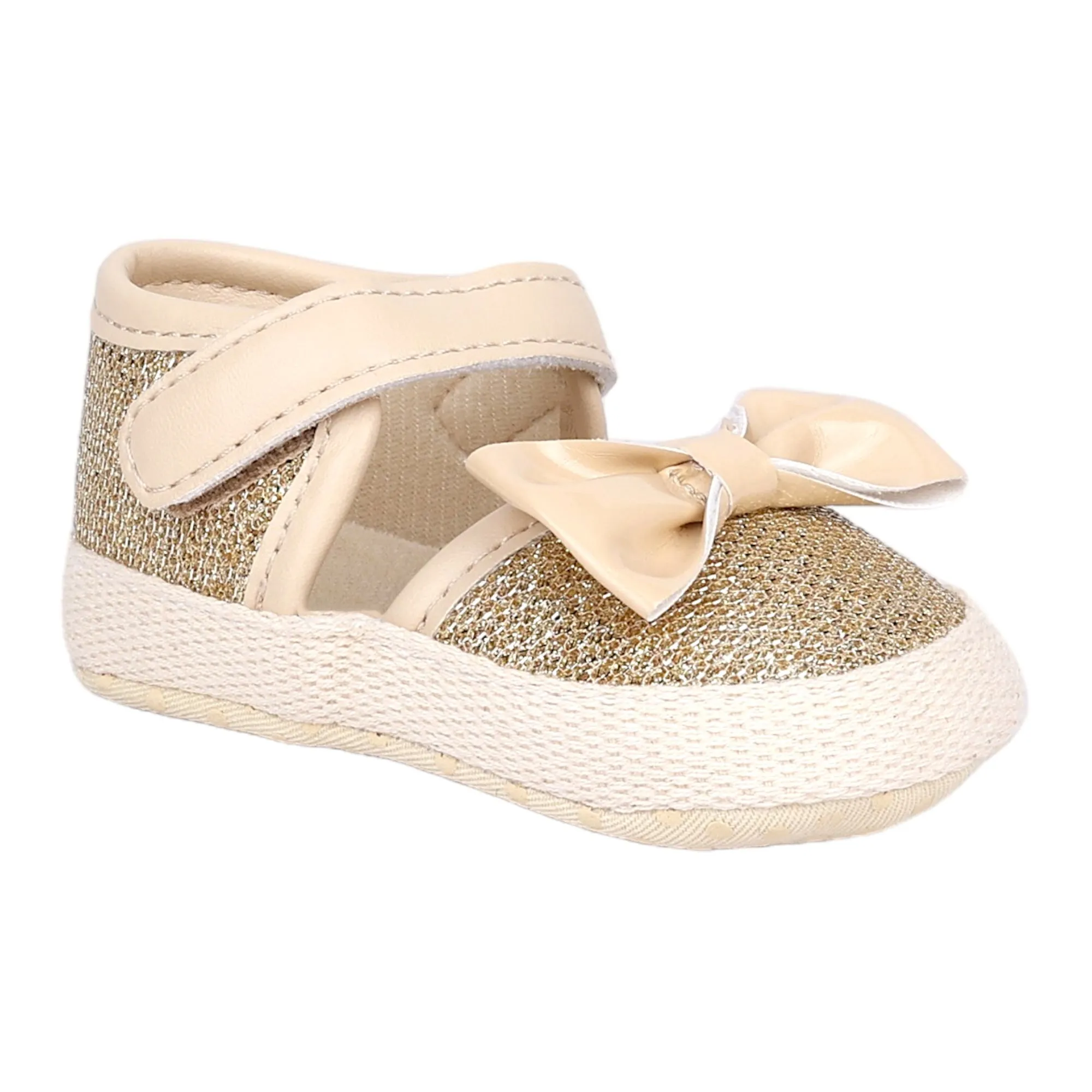 Baby Moo Glittery Partywear Bow Velcro Strap Anti-Skid Sandals - Beige