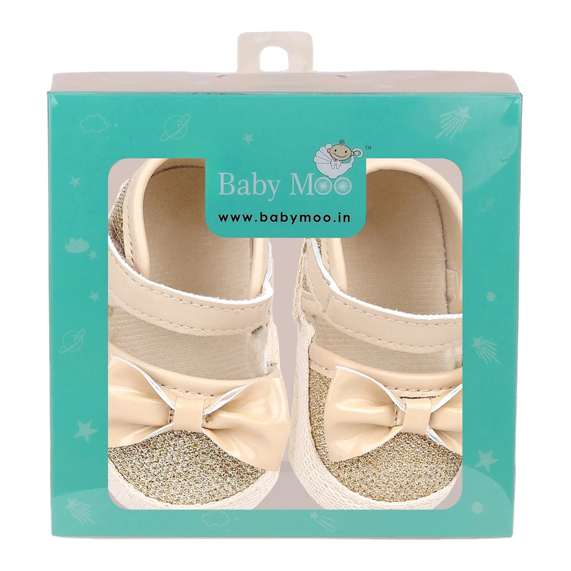 Baby Moo Glittery Partywear Bow Velcro Strap Anti-Skid Sandals - Beige