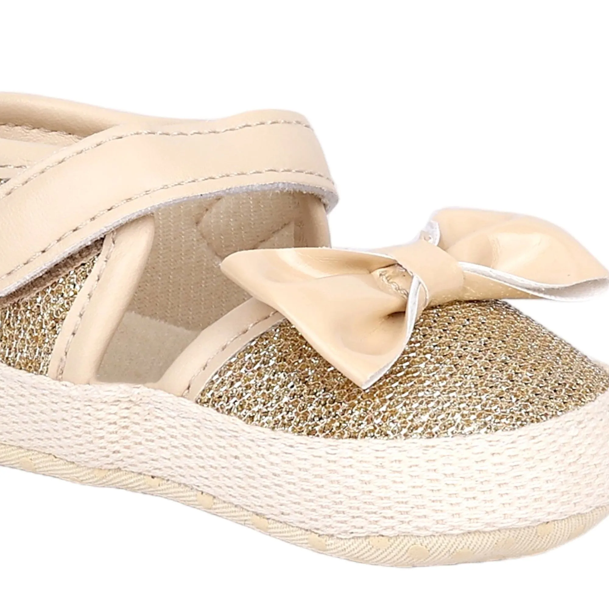 Baby Moo Glittery Partywear Bow Velcro Strap Anti-Skid Sandals - Beige