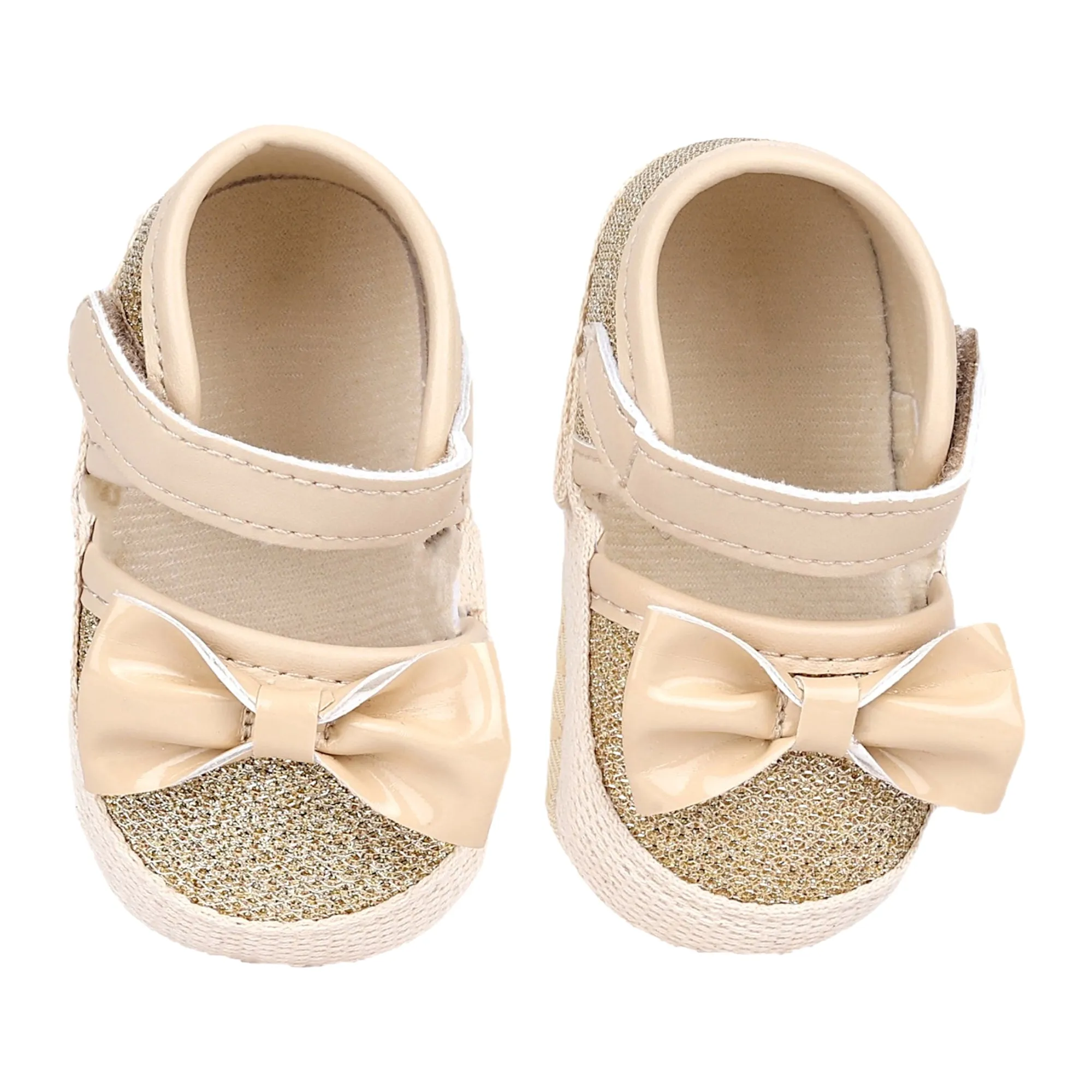 Baby Moo Glittery Partywear Bow Velcro Strap Anti-Skid Sandals - Beige
