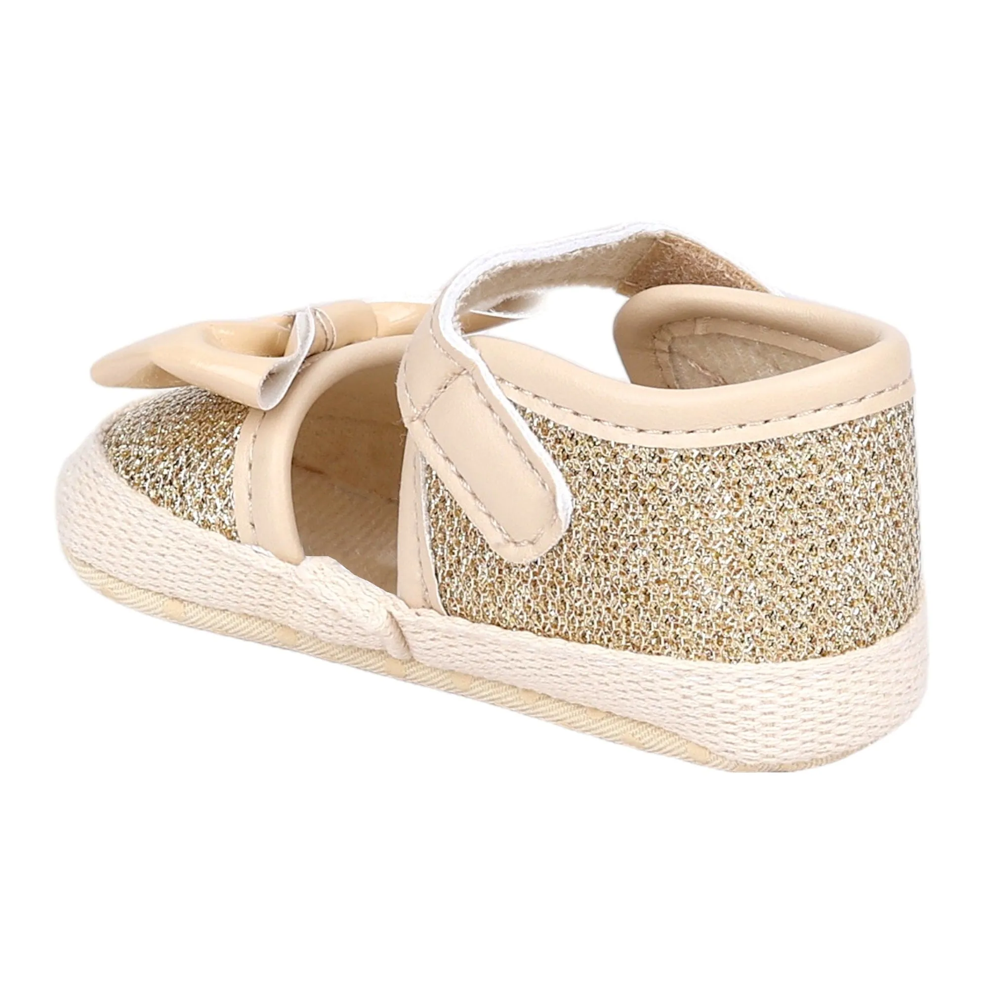 Baby Moo Glittery Partywear Bow Velcro Strap Anti-Skid Sandals - Beige