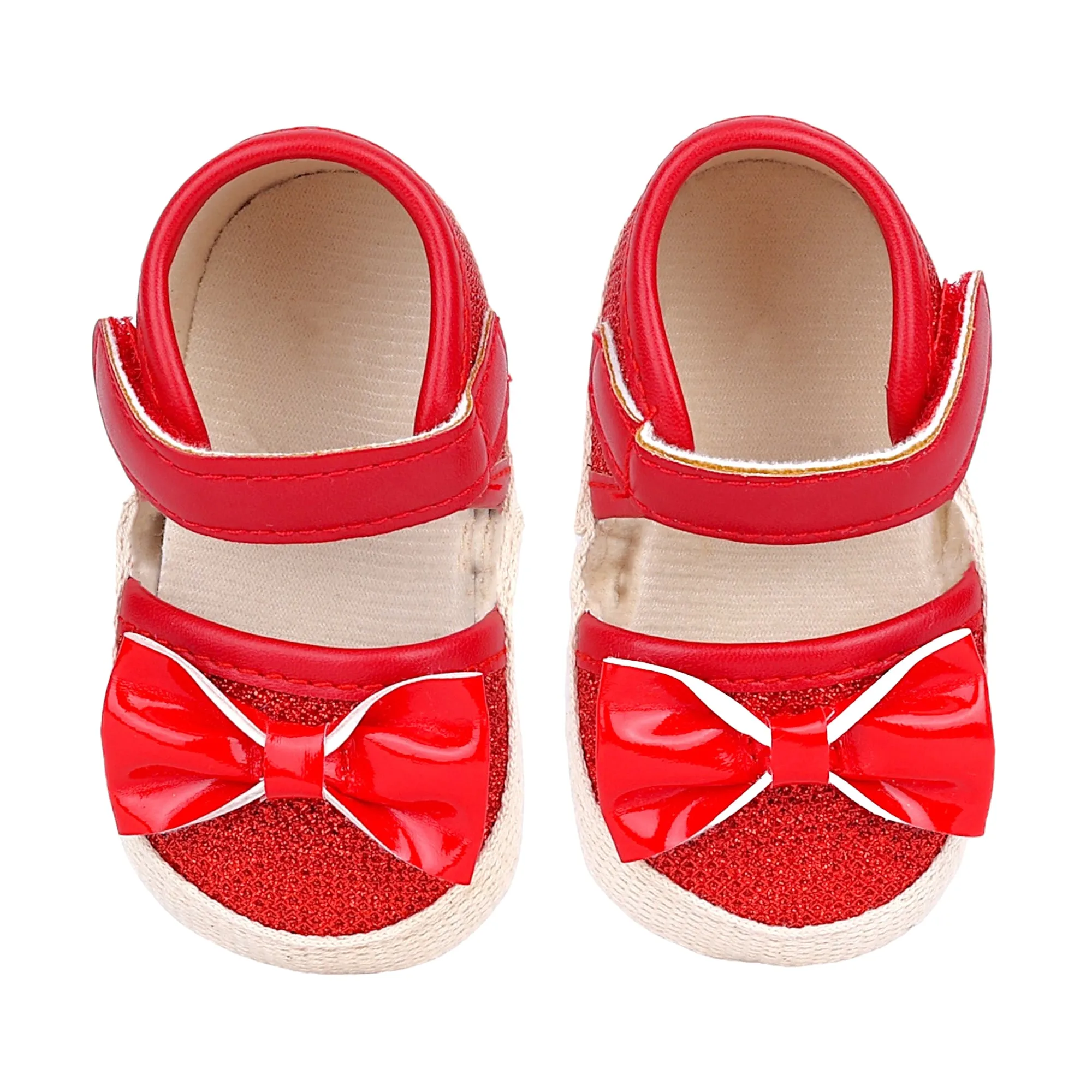 Baby Moo Glittery Partywear Bow Velcro Strap Anti-Skid Sandals - Red