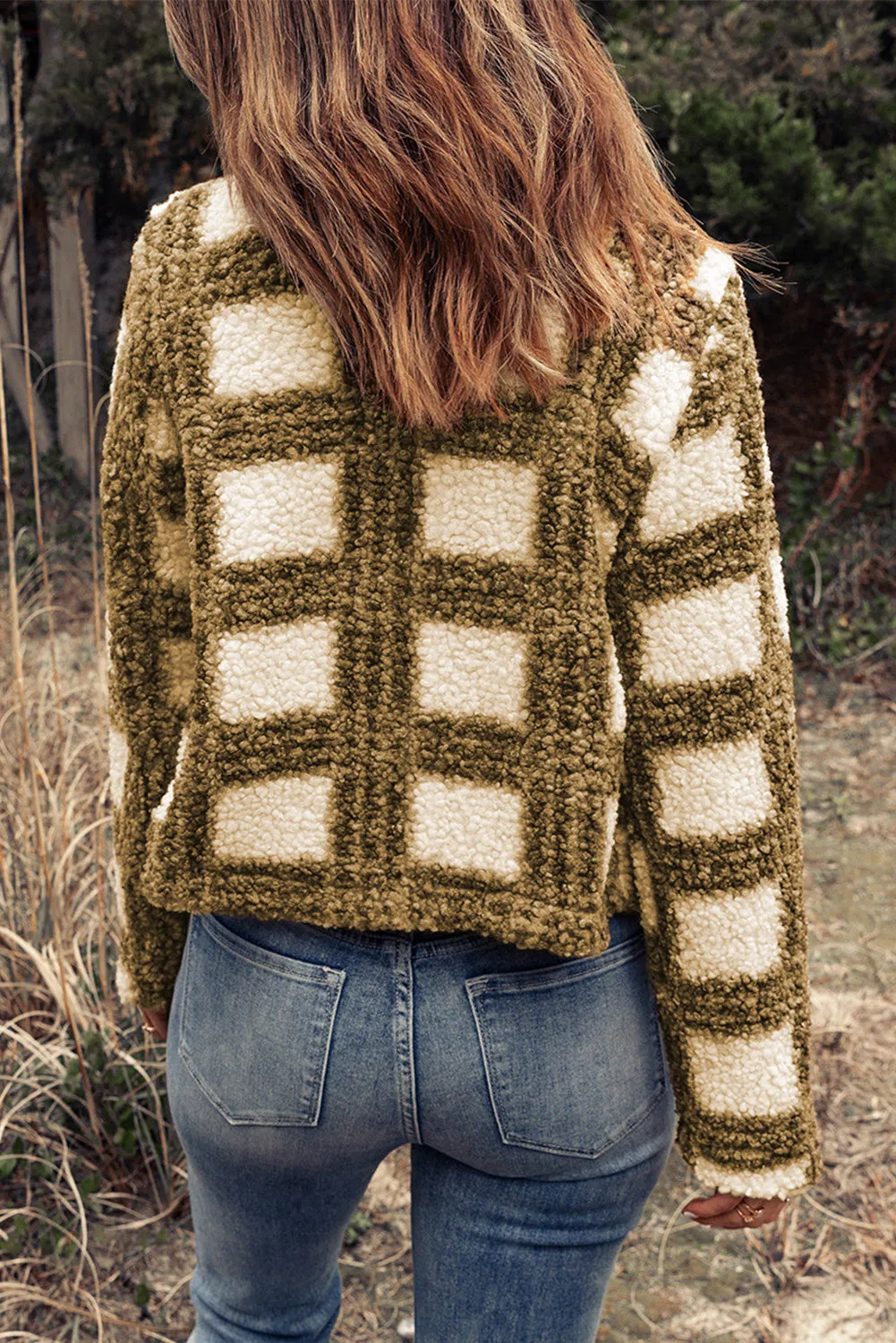 Brown Open Front Plaid Sherpa Jacket