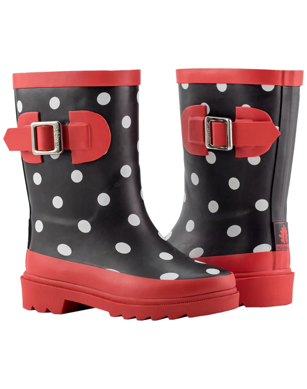 KID’S BUCKLE RUBBER RAIN BOOTS BLACK, WHITE & RED POLKA DOT