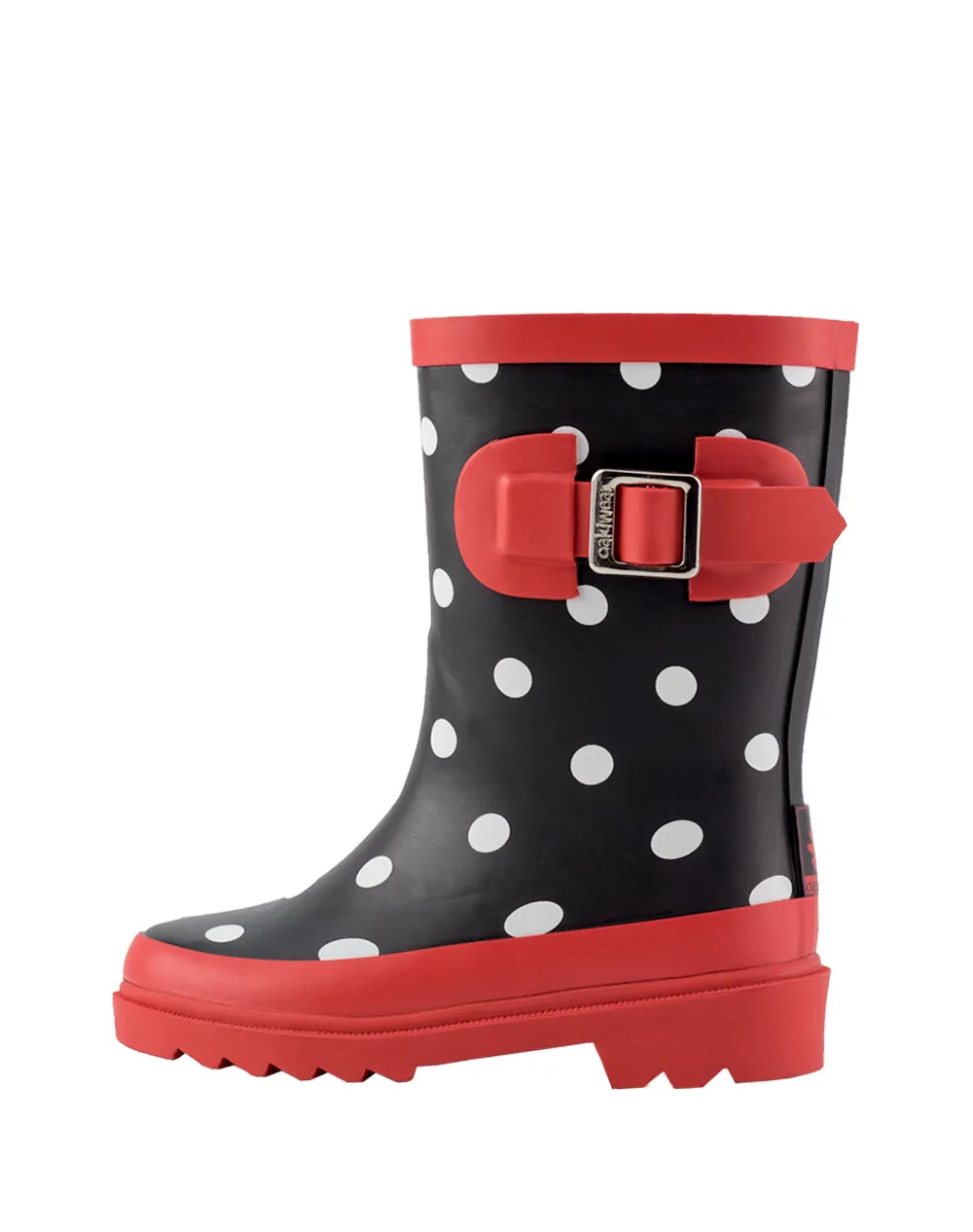 KID’S BUCKLE RUBBER RAIN BOOTS BLACK, WHITE & RED POLKA DOT