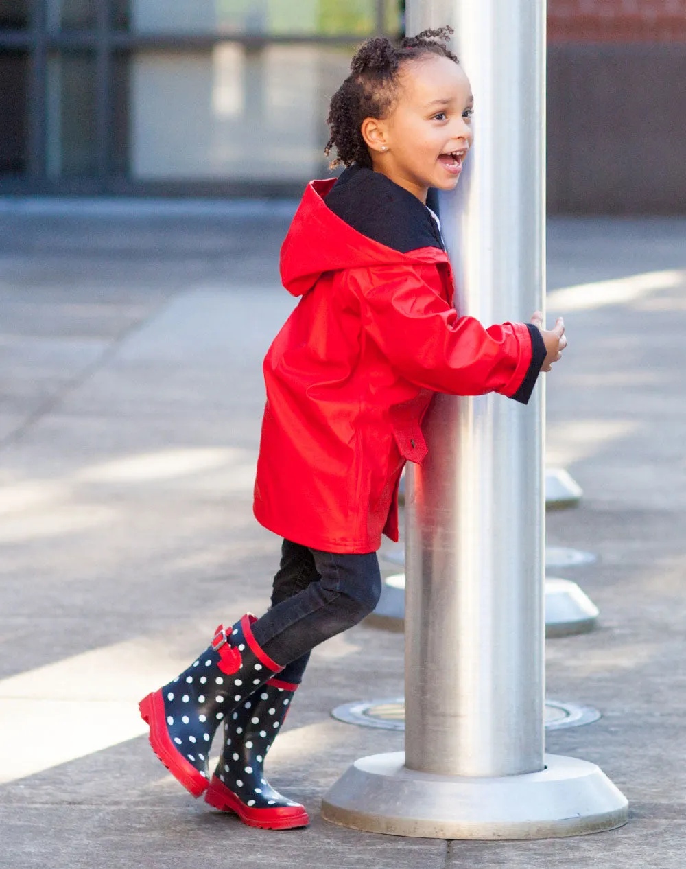 KID’S BUCKLE RUBBER RAIN BOOTS BLACK, WHITE & RED POLKA DOT