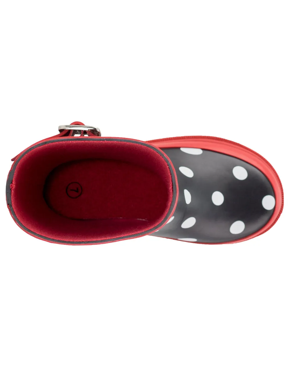 KID’S BUCKLE RUBBER RAIN BOOTS BLACK, WHITE & RED POLKA DOT