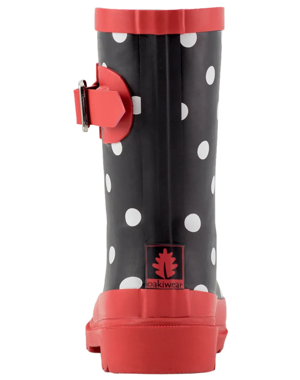 KID’S BUCKLE RUBBER RAIN BOOTS BLACK, WHITE & RED POLKA DOT