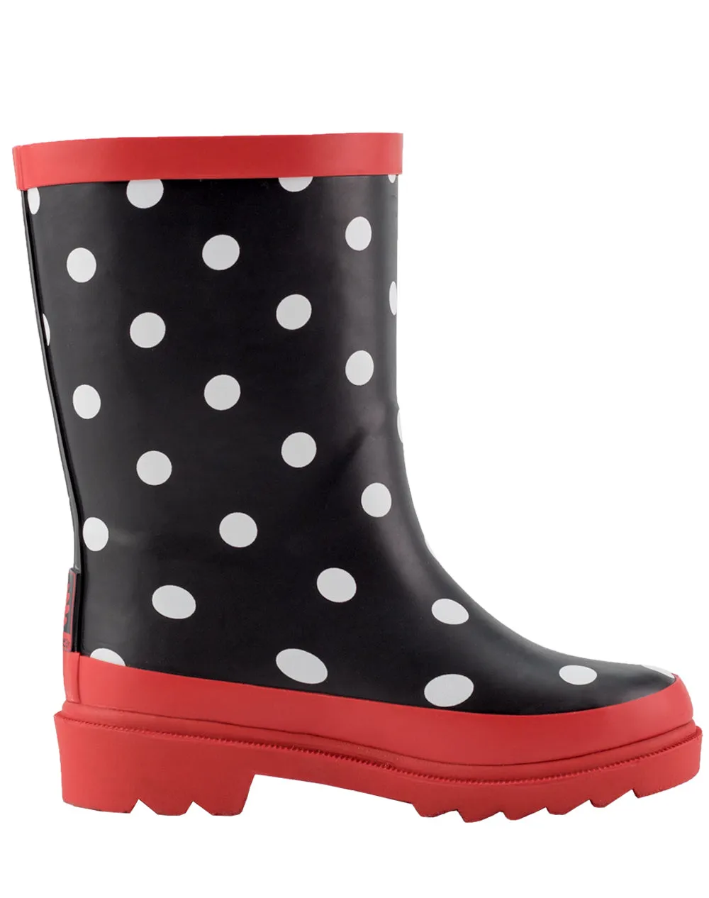 KID’S BUCKLE RUBBER RAIN BOOTS BLACK, WHITE & RED POLKA DOT
