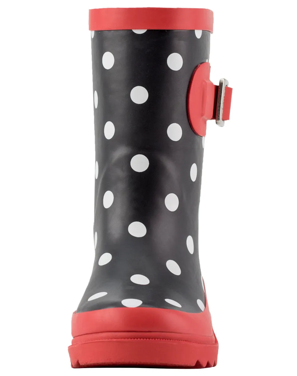 KID’S BUCKLE RUBBER RAIN BOOTS BLACK, WHITE & RED POLKA DOT