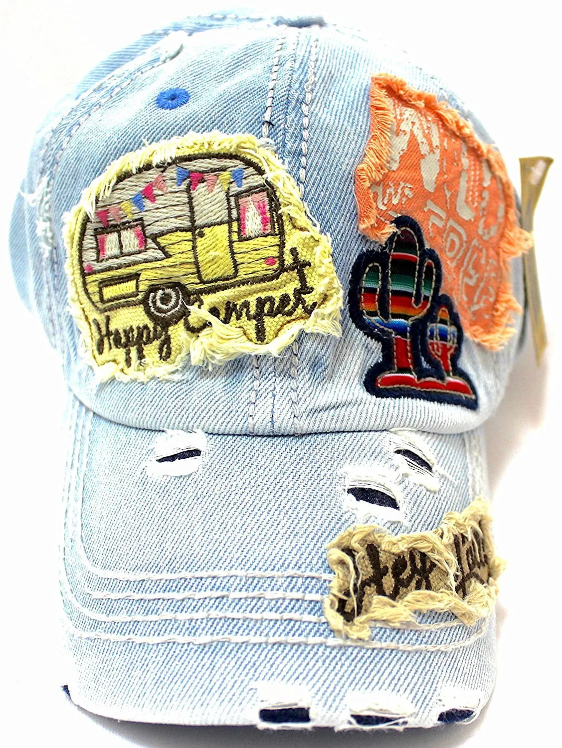 "Y'ALL, HAPPY CAMPER, WILD FREE" Multi-Patch Embroidered Adjustable Cap