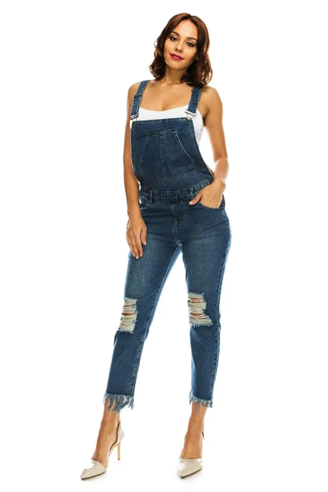 Women's Destroyed and Frayed Hem Denim Overalls