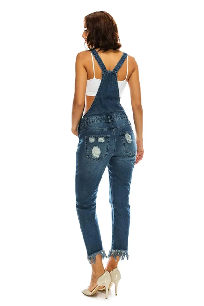 Women's Destroyed and Frayed Hem Denim Overalls