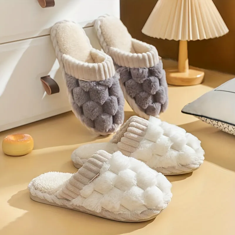 Women's Fluffy Fleece Slides Winter Indoor House Slippers - Solid Color, Slip-On Round Toe, Cozy Flannel Upper, Lining & Insole with EVA Sole, Non-Slip Flat Heel