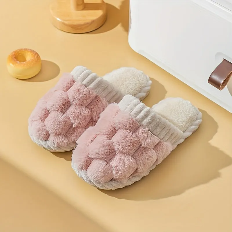Women's Fluffy Fleece Slides Winter Indoor House Slippers - Solid Color, Slip-On Round Toe, Cozy Flannel Upper, Lining & Insole with EVA Sole, Non-Slip Flat Heel