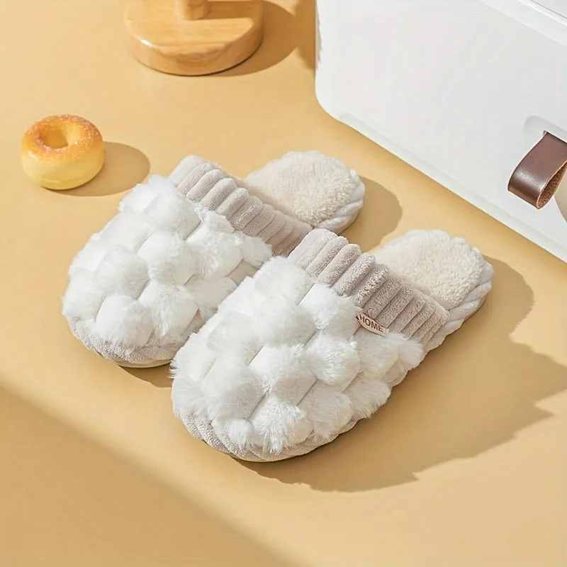 Women's Fluffy Fleece Slides Winter Indoor House Slippers - Solid Color, Slip-On Round Toe, Cozy Flannel Upper, Lining & Insole with EVA Sole, Non-Slip Flat Heel