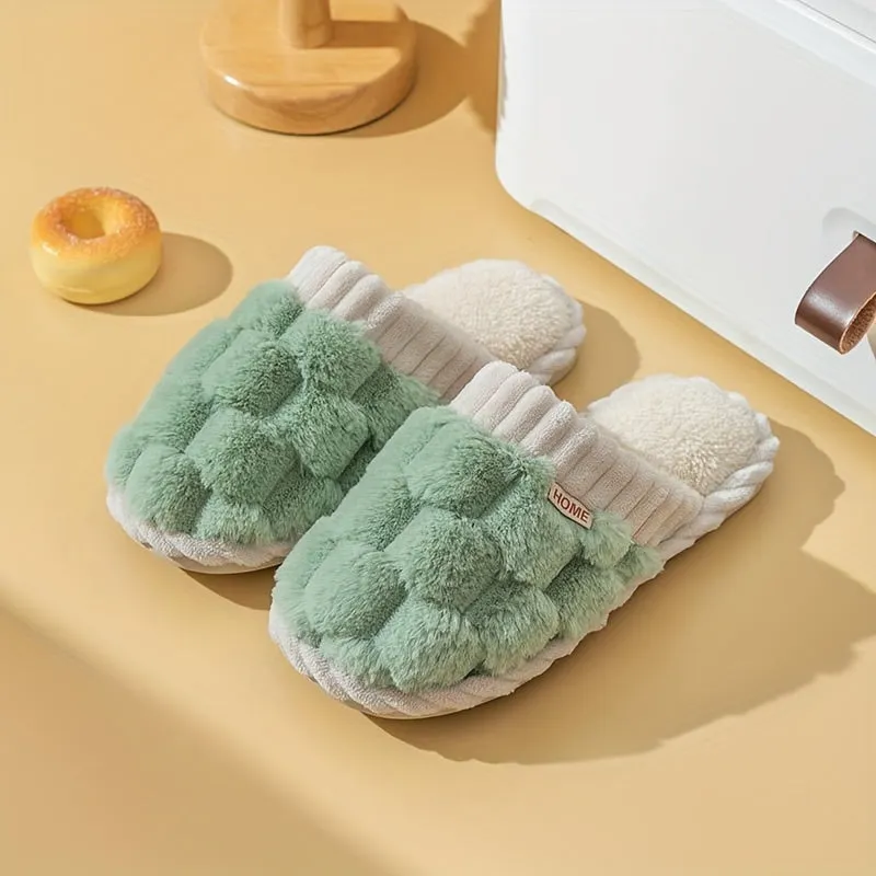 Women's Fluffy Fleece Slides Winter Indoor House Slippers - Solid Color, Slip-On Round Toe, Cozy Flannel Upper, Lining & Insole with EVA Sole, Non-Slip Flat Heel