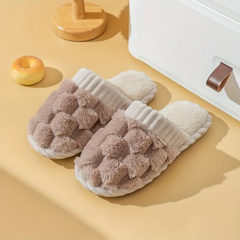 Women's Fluffy Fleece Slides Winter Indoor House Slippers - Solid Color, Slip-On Round Toe, Cozy Flannel Upper, Lining & Insole with EVA Sole, Non-Slip Flat Heel