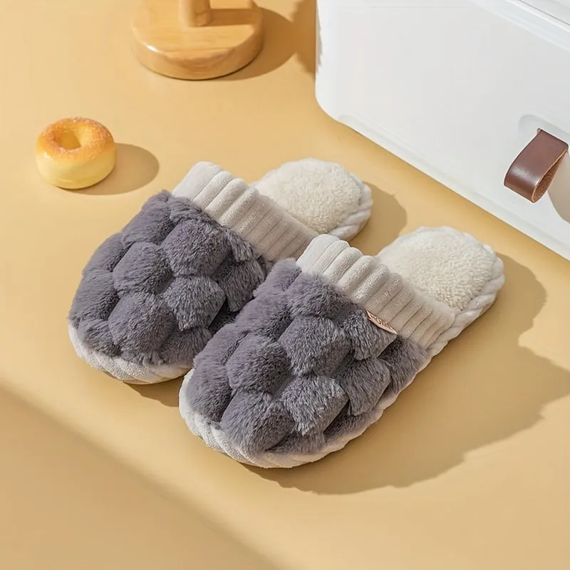 Women's Fluffy Fleece Slides Winter Indoor House Slippers - Solid Color, Slip-On Round Toe, Cozy Flannel Upper, Lining & Insole with EVA Sole, Non-Slip Flat Heel